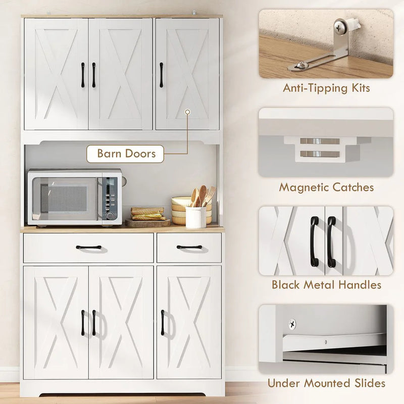 HOMCOM 175 cm Tall Kitchen Pantry Cabinet with Microwave Stand, Freestanding Pantry Cupboard, White