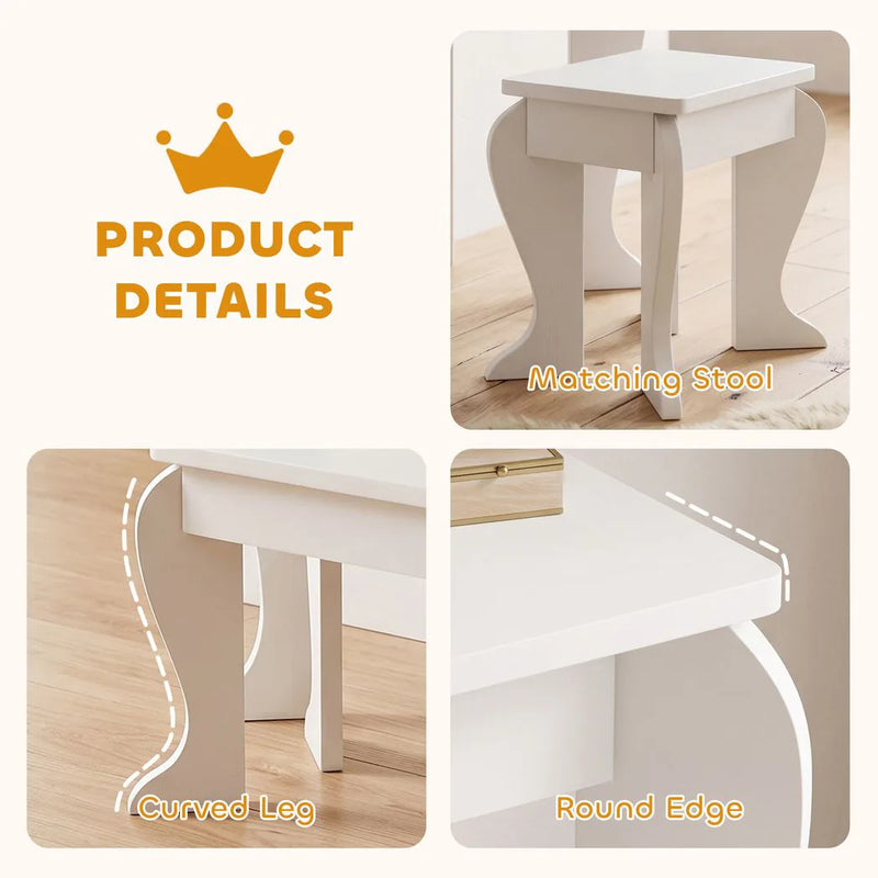 HOMCOM Kids Dressing Table Set, with Mirror and Drawer - White