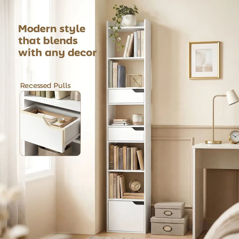 HOMCOM Bookcase Tall Narrow with 5 Tiers and Drawers Freestanding Bookshelf Storage Cabinet for Living Room White Wood Effect
