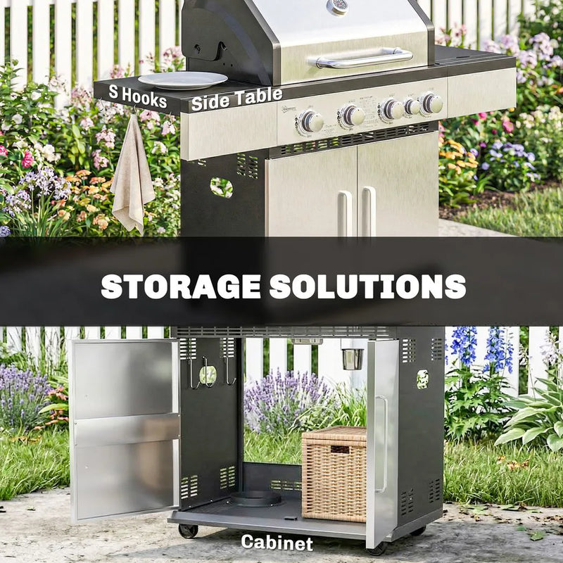 Outsunny 4 Burner Gas BBQ Grill, Portable Gas Barbecue Grill with Side Burner, Warming Rack, Side Shelf, Storage Cabinet