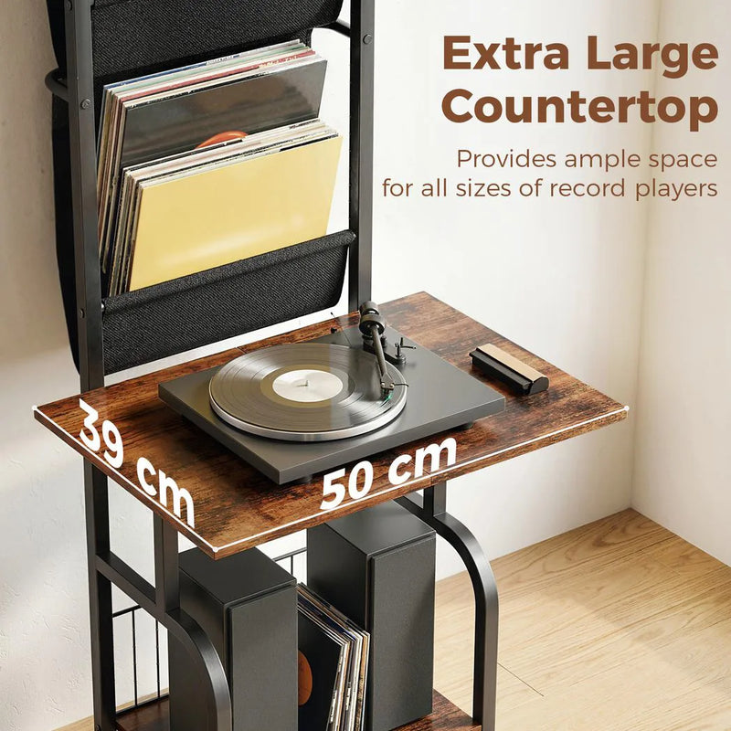 HOMCOM Vinyl Record Player Stand Record Storage with Player Stand Oxford Fabric Pockets Bottom Shelf Rustic Brown and Black