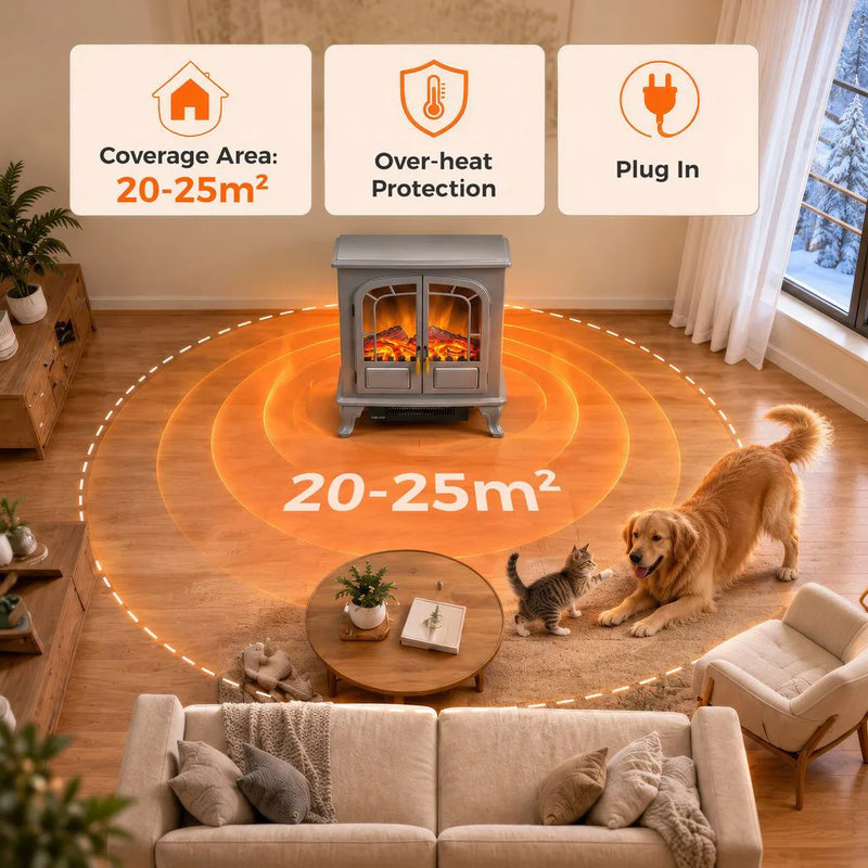 HOMCOM Freestanding Electric Fireplace Stove Heater with LED Fire Flame Effect Grey