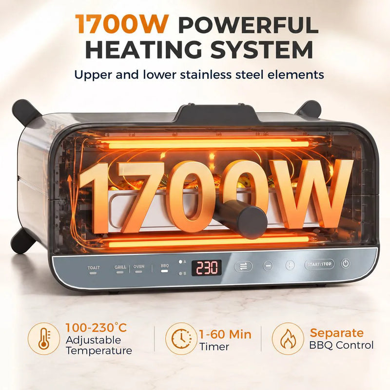 HOMCOM 3-in-1 Electric Mini Oven, Long Slot Toaster and Tabletop Grill, with LED Display, 60 Min Timer, Stainless Steel, 1700W