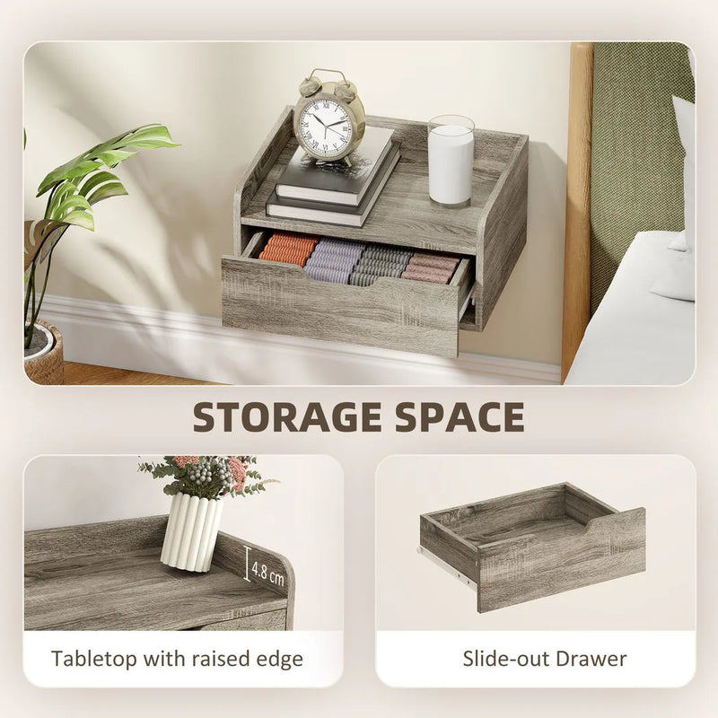HOMCOM Floating Nightstands Set of 2, Wall Mounted Bedside Table with Drawer for Bedroom, Grey Wood Effect