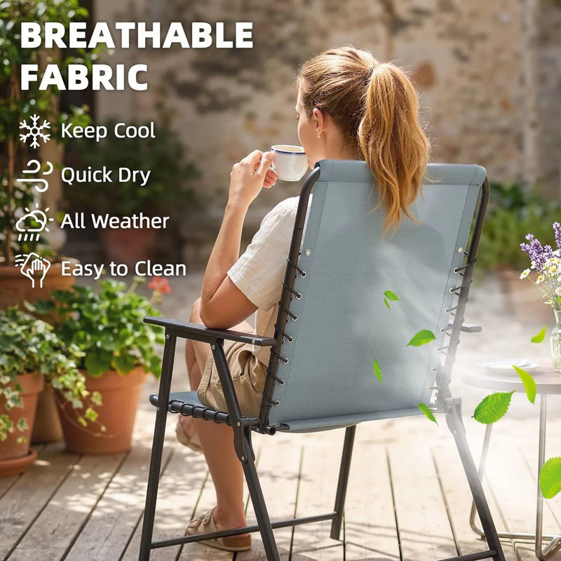 Outsunny Folding Garden Chairs Set of 4, Outdoor Dining Chairs with Wide Texteline Seat, High Back and Armrests, Light Grey