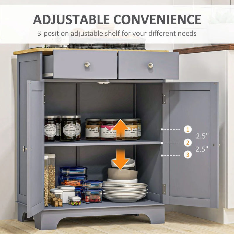 HOMCOM Side Storage Multi-use Sideboard Table Kitchen Floor Cabinet with Solid Wood Top, Adjustable Shelf, Drawer, Grey