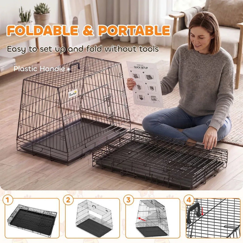 PawHut 35"(90 cm) Car Dog Crate Medium Large Collapsible Slanted Travel Dog Cage with Tray for Car Boot