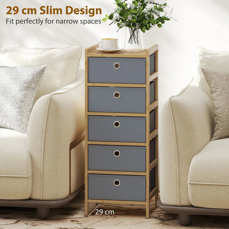 HOMCOM Chest of Drawers, 5 Fabric Drawers Narrow Dresser with Bamboo Frame, Light Grey