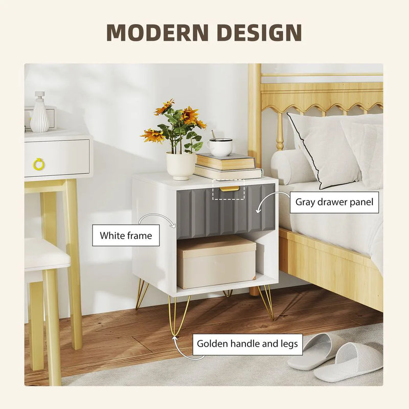 HOMCOM Bedside Table Modern Bedside Cabinet with Drawer and Open Compartment, 45 x 40 x 55, White