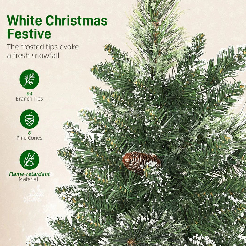 HOMCOM 60 cm Prelit Small Christmas Tree, Snow Flocked Tabletop Mini Xmas Tree with 35 LED Lights, Pine Cones and Linen Cover Base, Battery Operated, Green