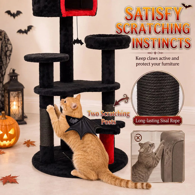 PawHut Gothic Cat Tree, 155cm Cat Tower for Indoor Kittens, Multi-Level Stable Kitten Activity Centre, Black, Halloween
