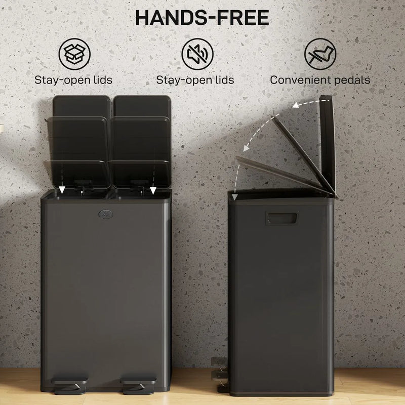 HOMCOM 56L Dual Compartment Stainless Steel Bin, with Deodoriser Holders - Black
