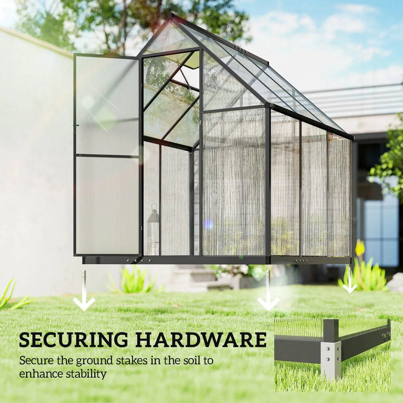 Outsunny 6 x 5.5ft Polycarbonate Greenhouse, Quick Setup Walk in Green House, Push Door, Adjustable Roof Vent, Rain Gutter, Black