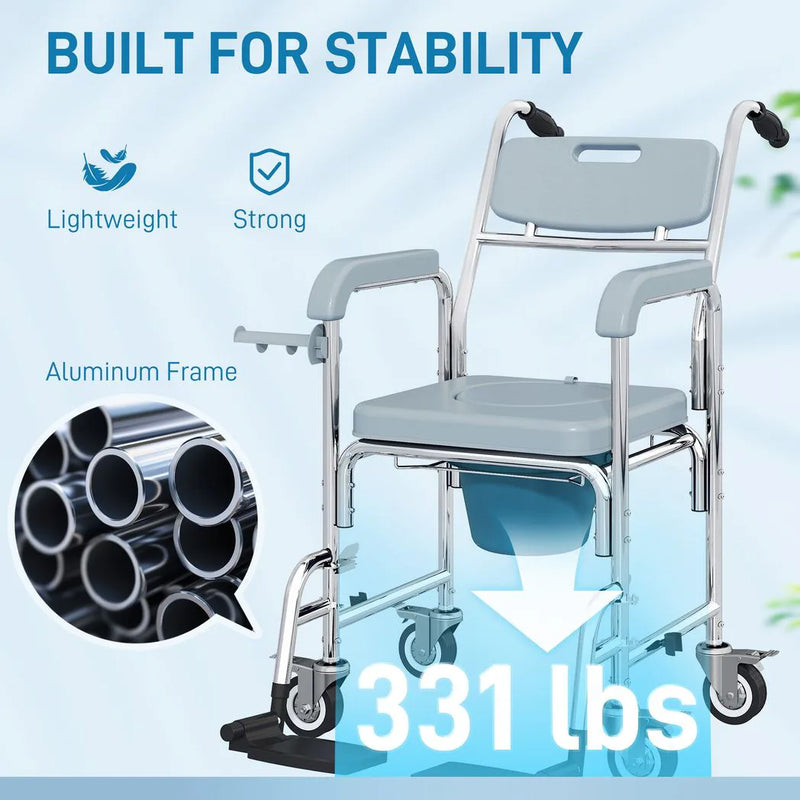 HOMCOM Rolling Shower Wheelchair for Seniors, Bedside Commode Chair with Locking Wheels, Seat, Backrest, Arms, Grey
