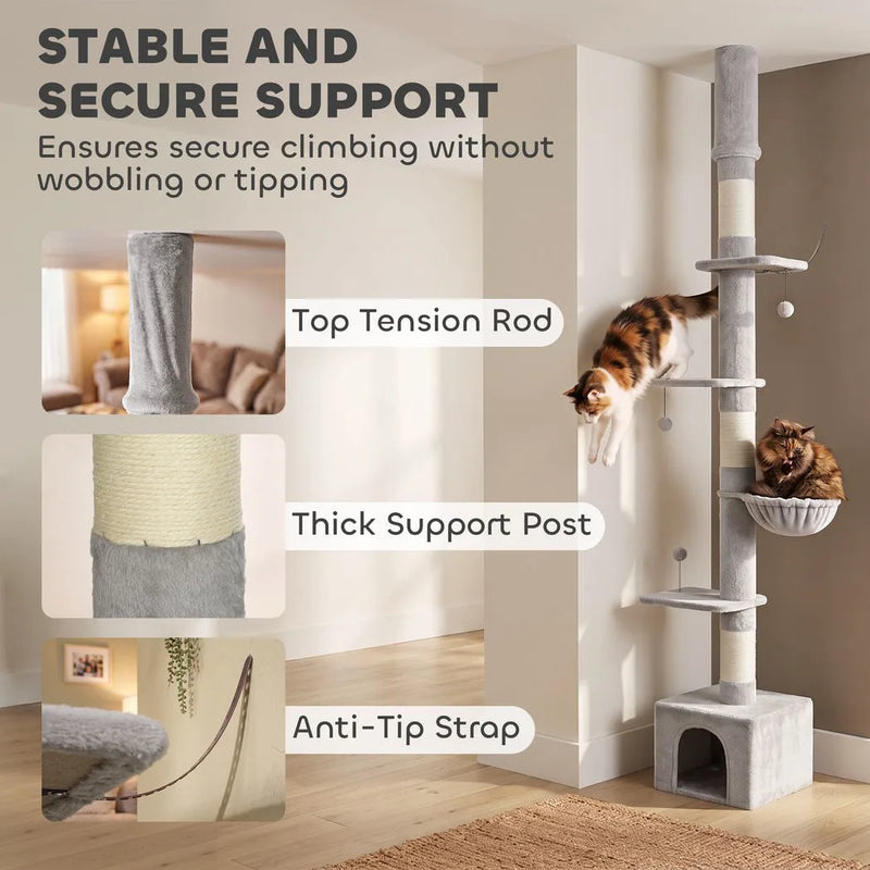PawHut Floor to Ceiling Cat Tree, 230-250cm Multi-Level Cat Tower with Adjustable Height, Scratching Posts, Condo, Platforms