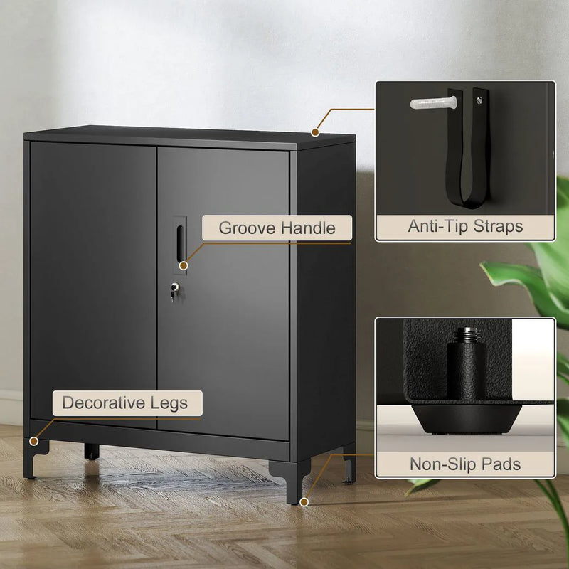 HOMCOM Lockable Metal Filing Cabinet, 2-Tier Storage Cupboard with Double Doors, Modern Office Organiser, Black