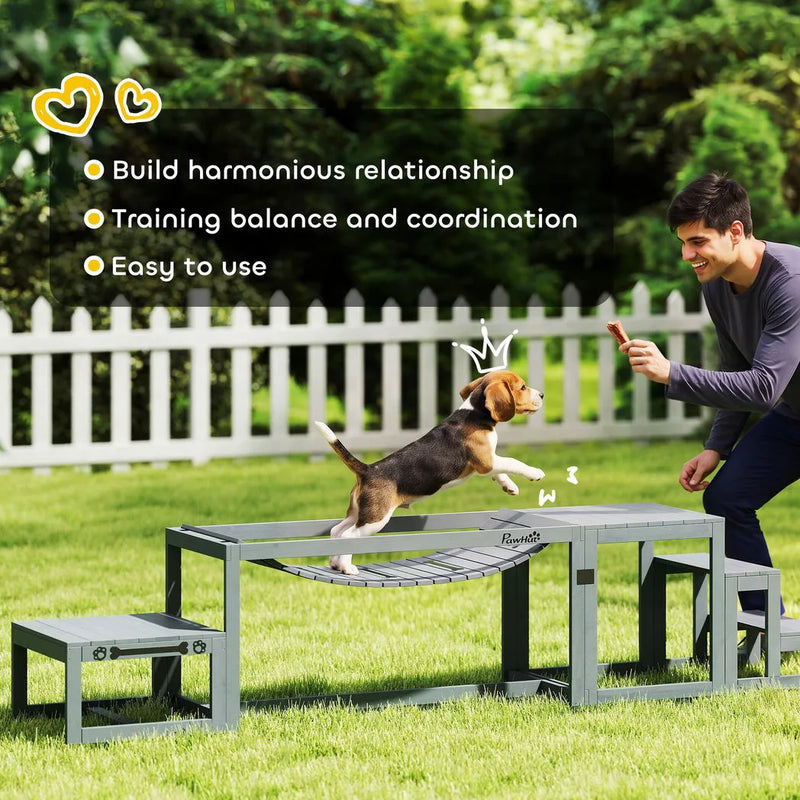 PawHut 3 Pieces Wooden Dog Agility Training Equipment with Soft Bridge, Pause Platform and Pet Stair for Outdoor, Grey