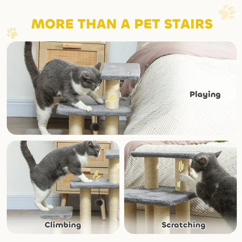 PawHut Pet Steps for Bed, 3 Step Adjustable Pet Stairs for Sofa with 6 Sisal Scratching Posts for Small Dogs & Cats, Grey