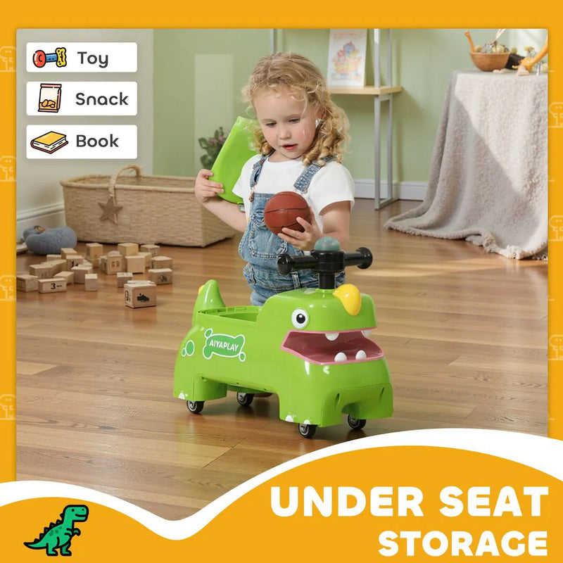 AIYAPLAY Kids Ride On Car, Dinosaur Foot to Floor Slider with Storage, Toddler Walker with Light, Sounds, Green