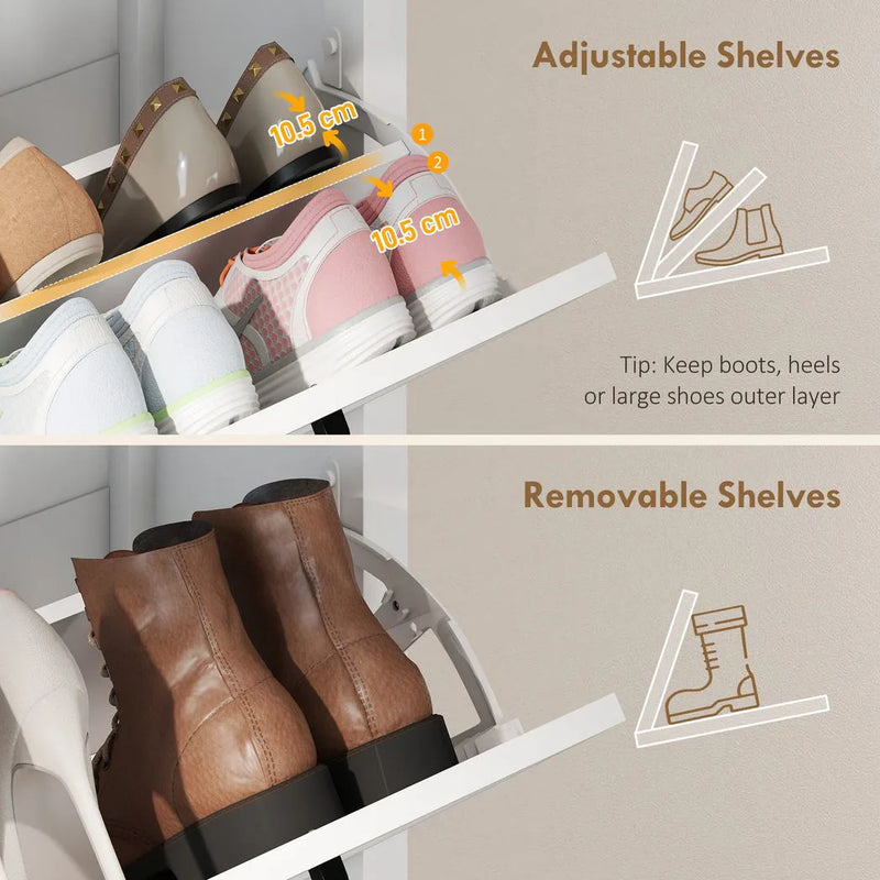 HOMCOM Shoe Cabinet with 2 Flip Drawers, Farmhouse Narrow Shoe Storage Cabinet with Adjustable Shelves, White