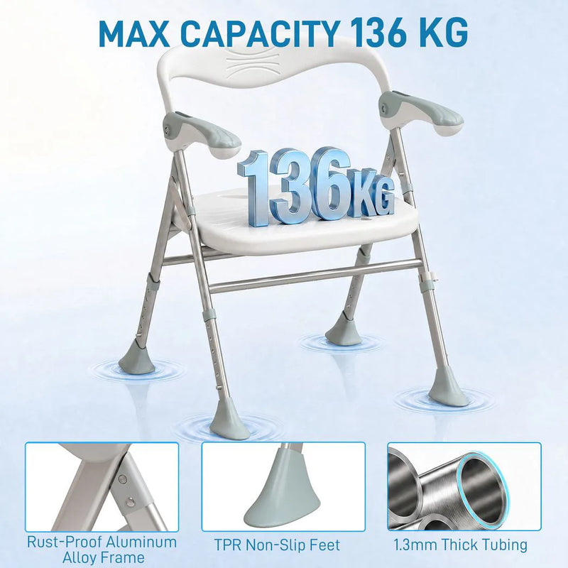 HOMCOM Foldable Shower Chair with Flip-Up Armrests, Shower Stool with Adjustable Height, Tool-Free Assembly, 136 kg