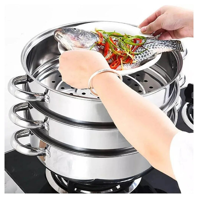 LARGE 28cm 3 Tier Stainless Steel Steam Cooker Steamer Pan Cook Food Veg Pot lid