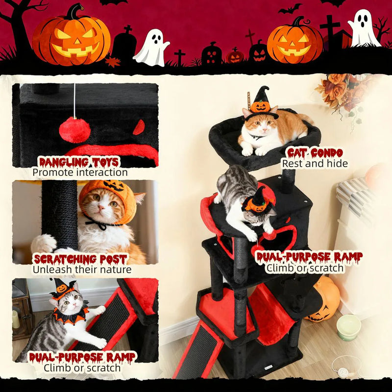 PawHut Gothic Cat Tree, 152 cm Multi-Level Cat Tower for Large Cats with Coffin Bed, Large Condo, for Halloween