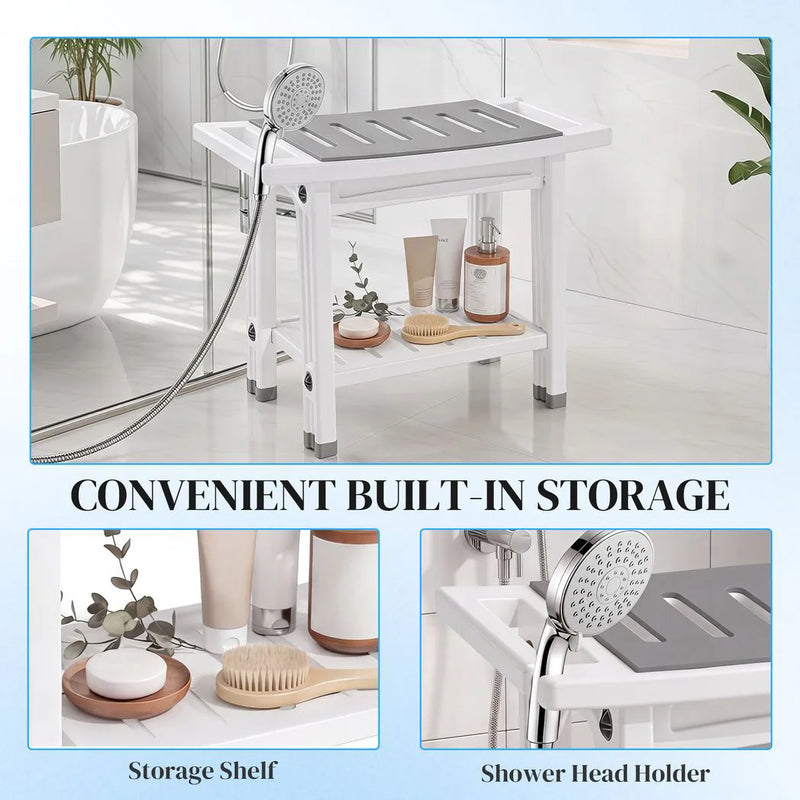 HOMCOM Shower Bench 2-Tier Shower Stool Bathroom with Shelf White and Grey