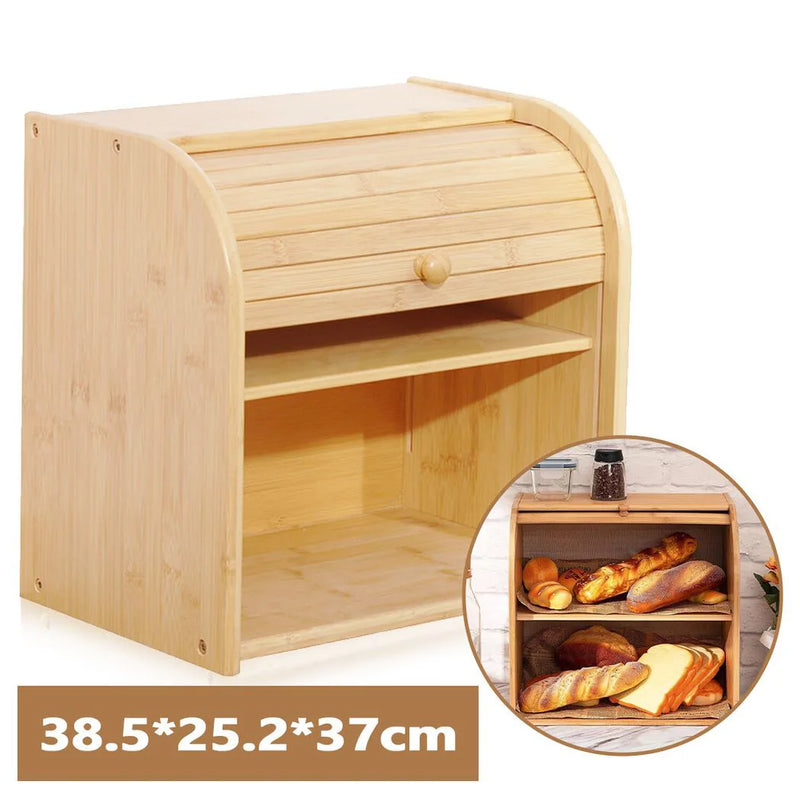 Bread Bin 2 Tiers Double Layer Box Slide Roll Top Food Storage Rack Home Kitchen