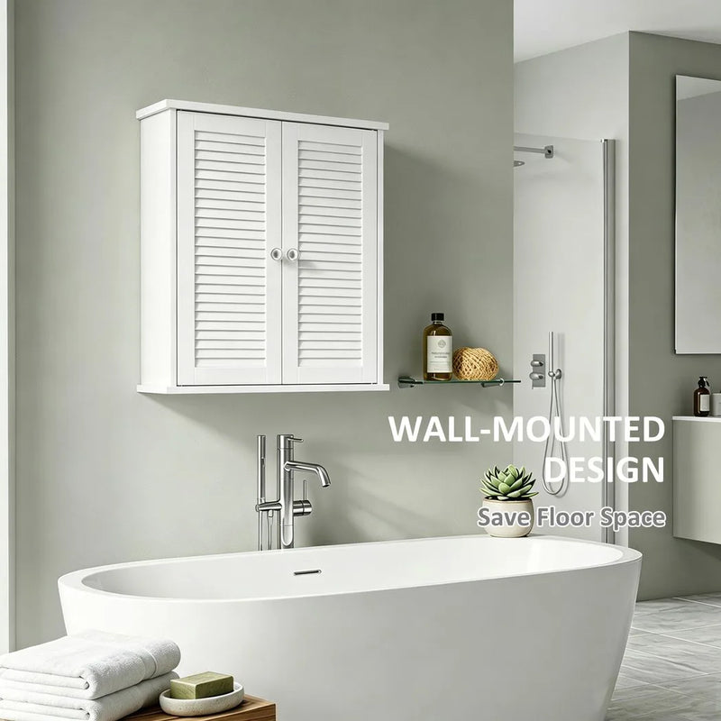 HOMCOM Bathroom Cabinet, Bathroom Wall Cabinet with Louvered Doors and Adjustable Shelf Storage for Kitchen, White