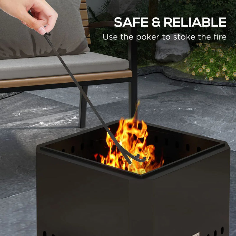 Outsunny Smokeless Fire Pit, 48 cm Portable Wood Burning Firepit, Square Metal Bonfire Stove with Poker, Black