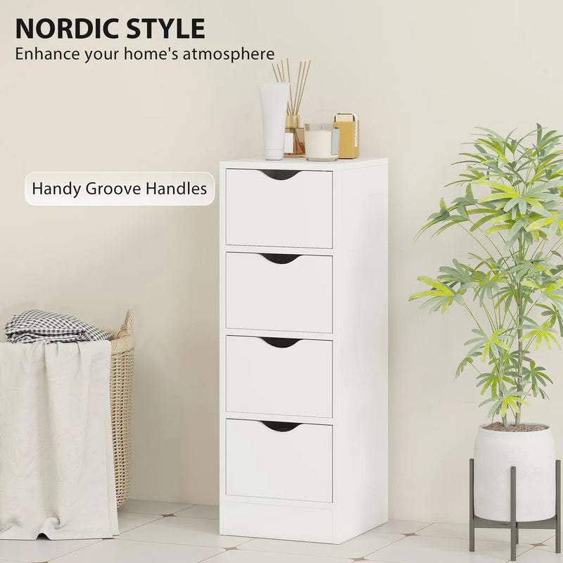 HOMCOM 4-Drawer Bathroom Cabinet, Freestanding Narrow Storage Cabinet with Groove Handles for Small Spaces, White