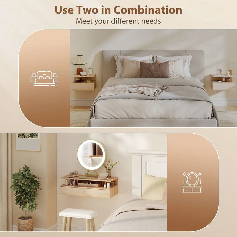 HOMCOM Set of Two Floating Bedside Tables - Oak