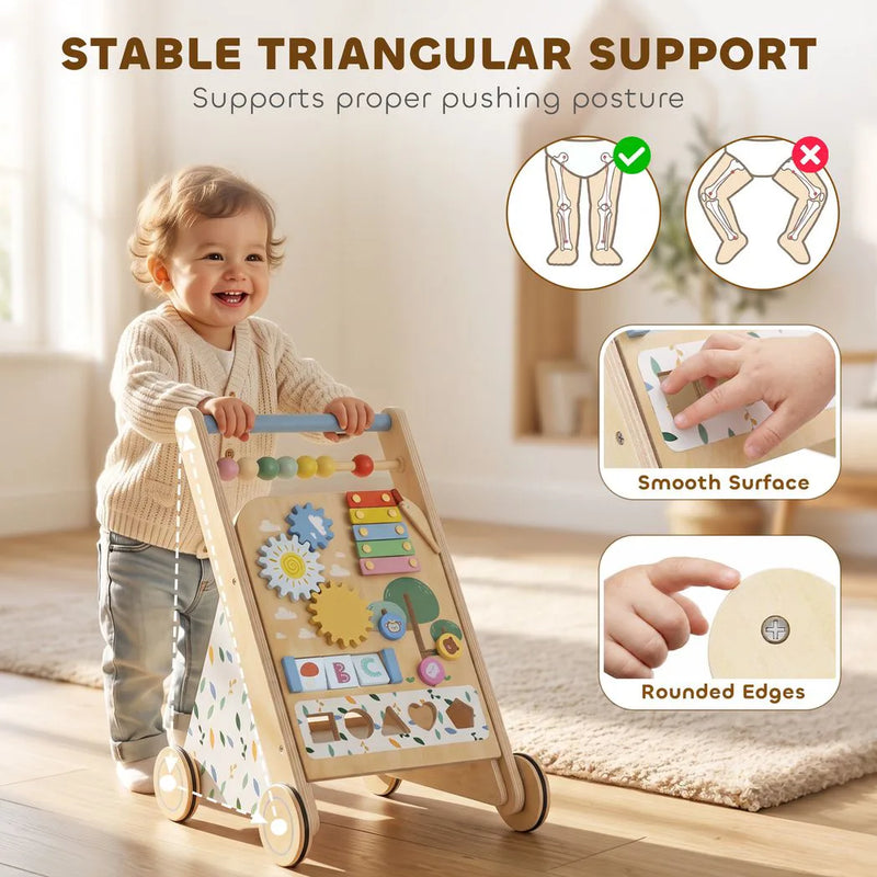 AIYAPLAY Wooden Baby Walker, Toddler Push Along Walker with Speed Control, Activity Centre and 5 Blocks for 18 Months, Natural