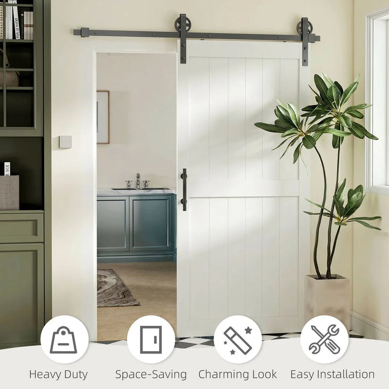 HOMCOM 213.4cm Sliding Barn Door Kit, Sliding Door with Track, Hardware, Upgraded Rollers and Floor Guide, Handle, White