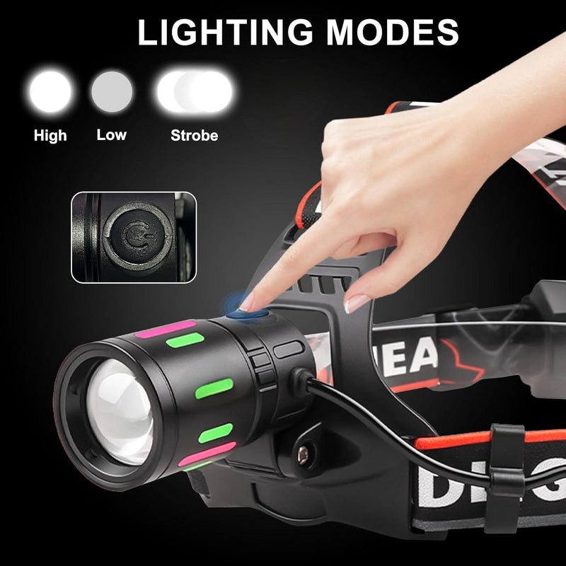 （2 Pack）USB Rechargeable LED Headlamp Zoomable 3-Modes Camping Hiking HeadLamp Worklight