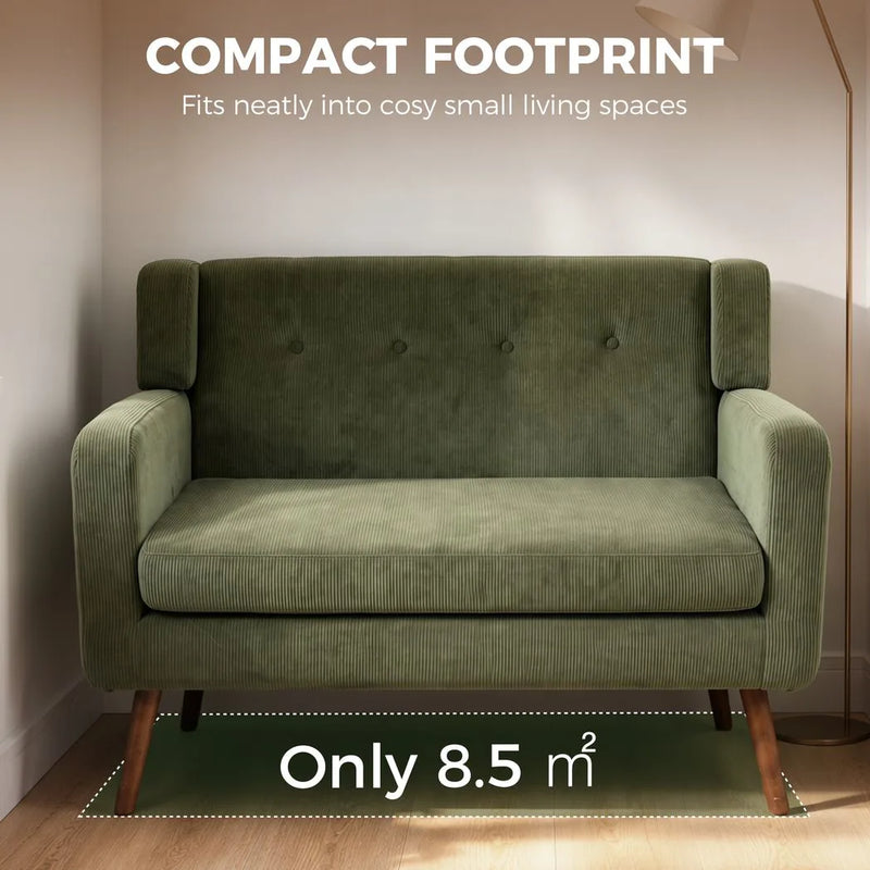 HOMCOM 2 Seater Sofa, 118 cm Corduroy Small Loveseat with Spring Cushion, Wood Legs for Small Space, Living Room, Dark Green