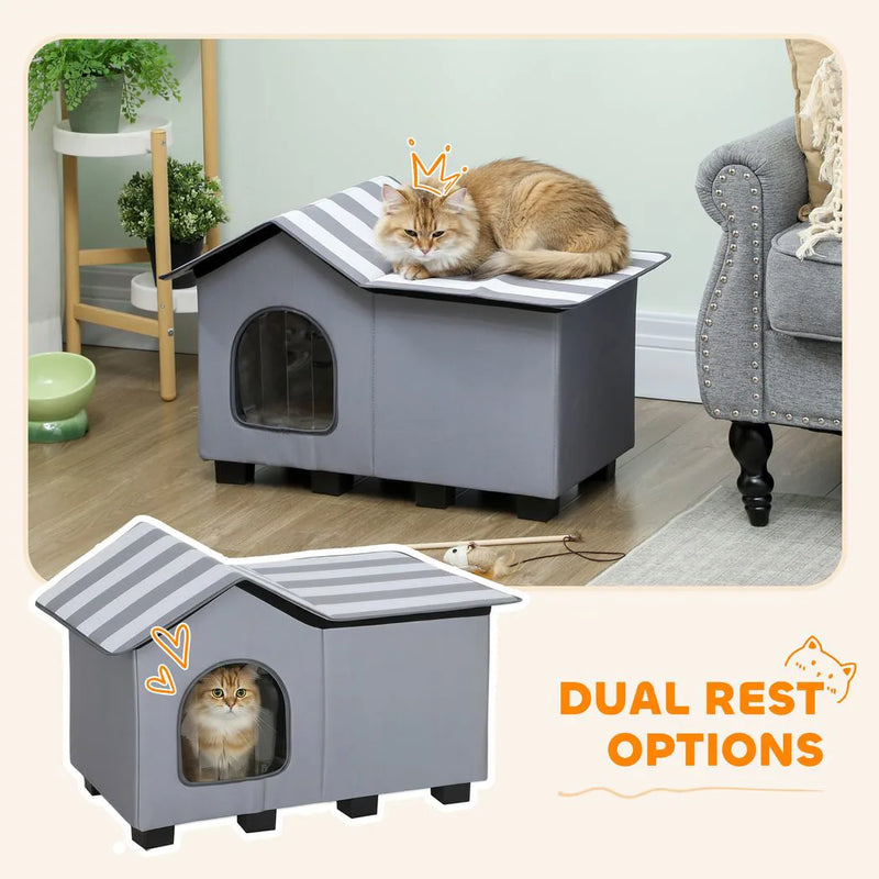 PawHut Outdoor Cat House, Weather Resistant Feral Cat Cave with Elevated Base and Cushion for Winter, Grey