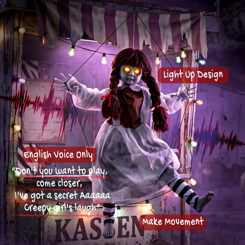 HOMCOM 80 cm Halloween Animated Hanging Creepy Girl on Swing Decoration, Kicking Legs, Sound and Touch Activated