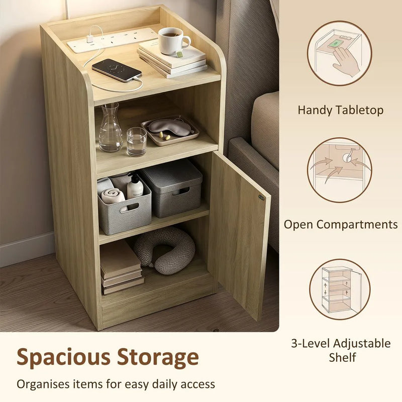 HOMCOM Slim Bedside Table Set of 2 with Charging Station, Narrow Bedside Cabinet with Adjustable Shelf, Oak