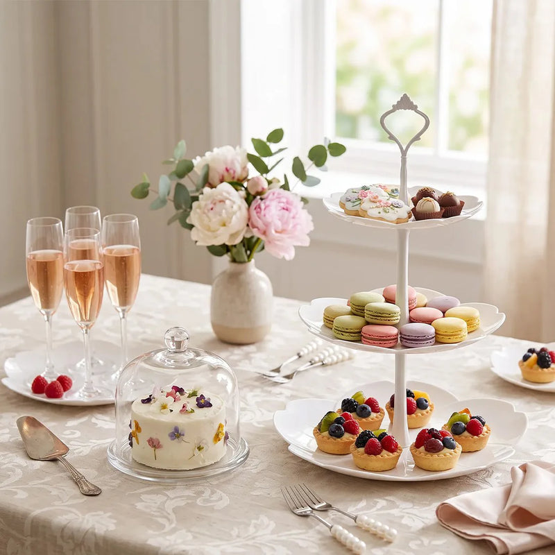 2PCS 3 Tier Cake Stand Afternoon Tea Wedding Plates Party Embossed Tableware-Cherry blossom