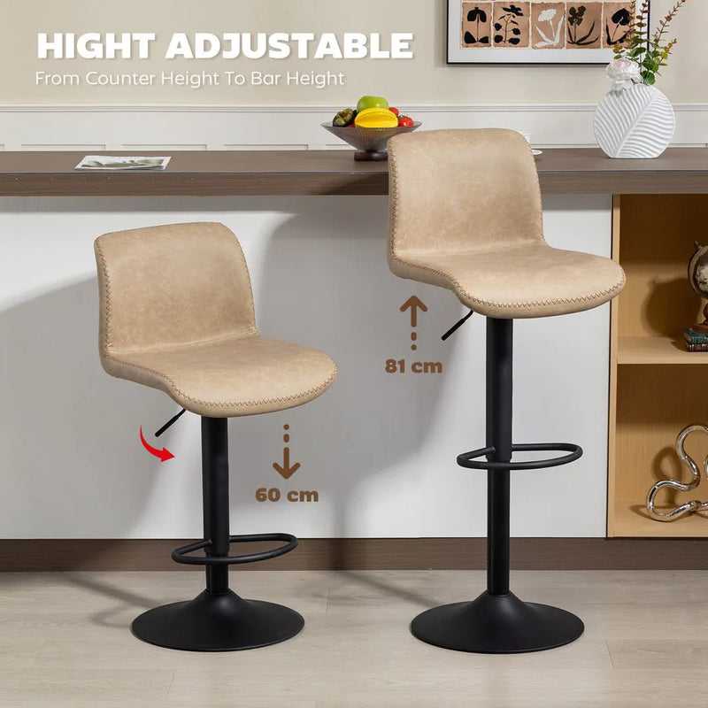 HOMCOM Bar Stools Set of 2, PU Leather Barstools with Backrest and Footrest for Kitchen, Counter, Breakfast Bar, Light Brown