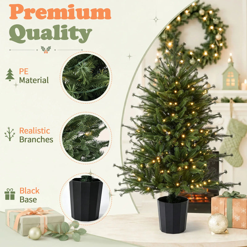 3FT Pre-Lit Artificial Christmas Tree, Green PE Mini Xmas Tree with 80 Warm White LED Lights (8 Modes), 100 Branch Tips, Black Round Pot Base, Battery Operated