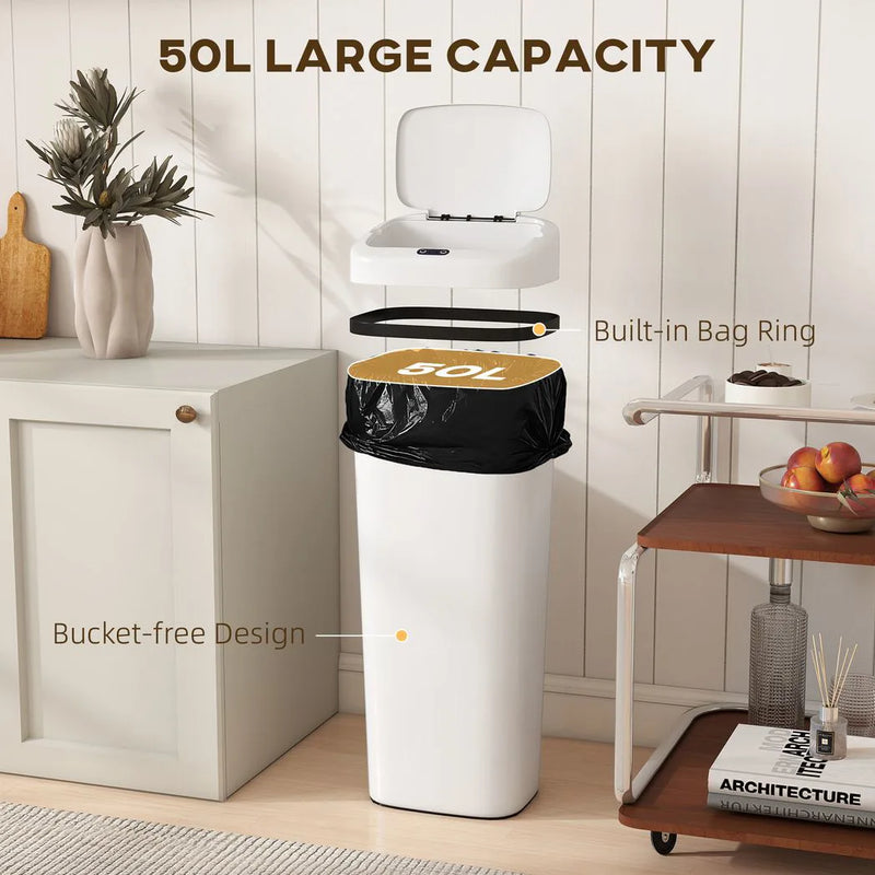 HOMCOM 50L Stainless Steel Sensor Bin - White
