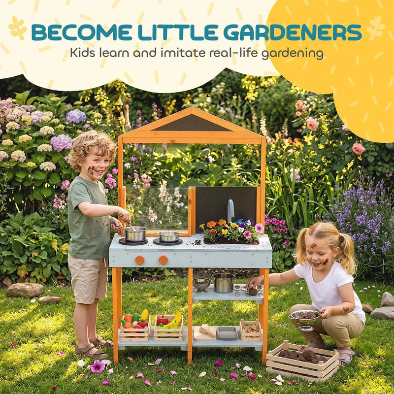 AIYAPLAY Mud Kitchen for Kids, Outdoor Wooden Play Kitchen with Sink, Stove, Cookware, Shelves, Pretend Play Toy for Ages 3-8