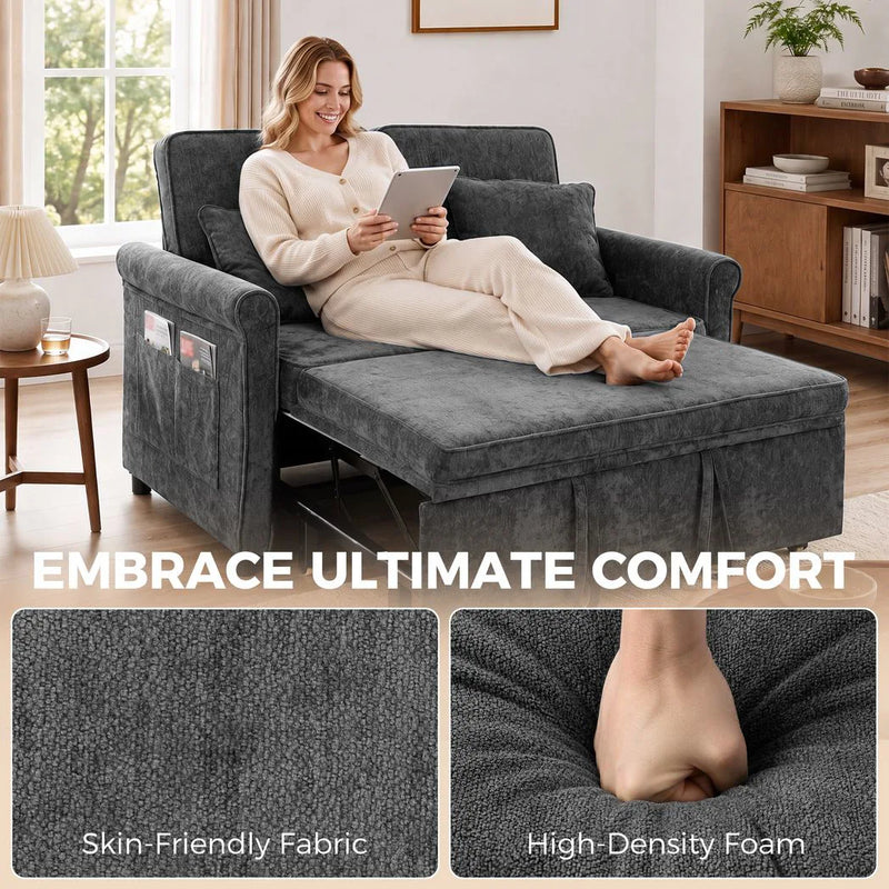 HOMCOM 2 Seater Sofa Bed 3-in-1 Convertible Chenille Pull Out Sleeper Sofa with 5-Position Adjustable Backrest, Grey