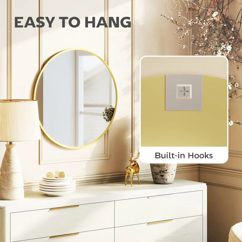 HOMCOM 61cm Decorative Wall Mirror for Bedroom Living Room, Modern Round Bathroom Mirror for Home Decor, Gold Tone