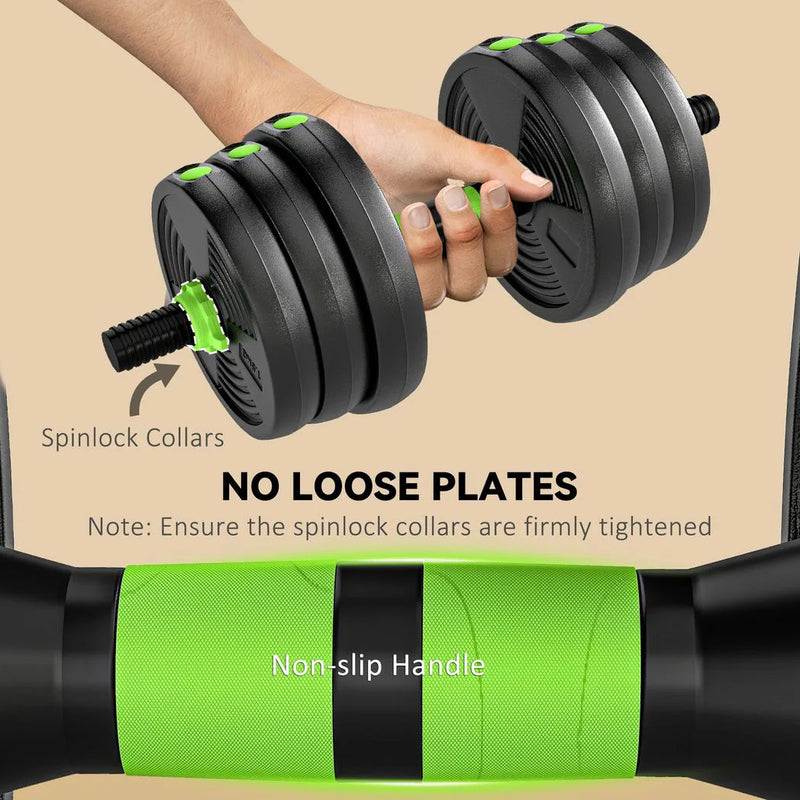 SPORTNOW 20 kg 3-in-1 Adjustable Dumbbell & Barbell Set with EZ Bar, Connecting Rod and Non-Slip Grip for Home Gym, Green