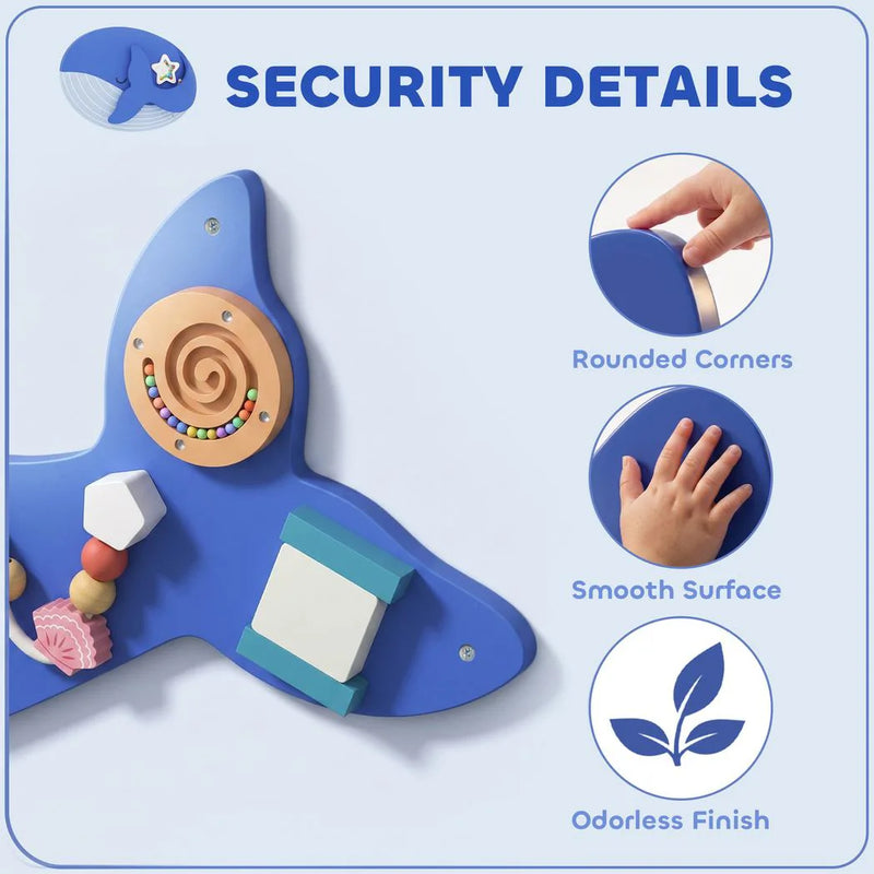 AIYAPLAY Whale Activity Wall Busy Board, 13 in 1 Montessori Inspired Sensory Wall Panel for Playroom Nursery Boys Girls 2, Blue