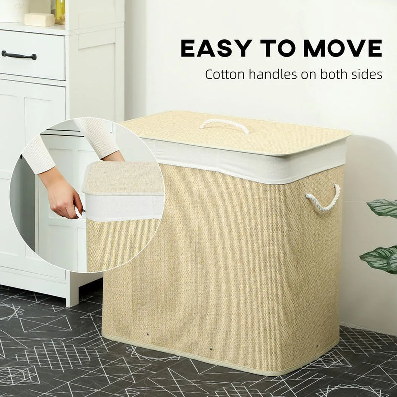 HOMCOM 3 Section Laundry Basket with Lid, 144L Bamboo Laundry Hamper with Handles, Removable and Washable Liner, Cream White